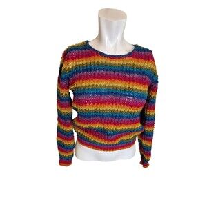 Vintage 70s Wool Sweater Cute Rainbow Stripe Semi Cropped Sweater Sz XS